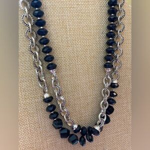 Vintage Silver Tone‎ Chain & Black Crystals Necklace